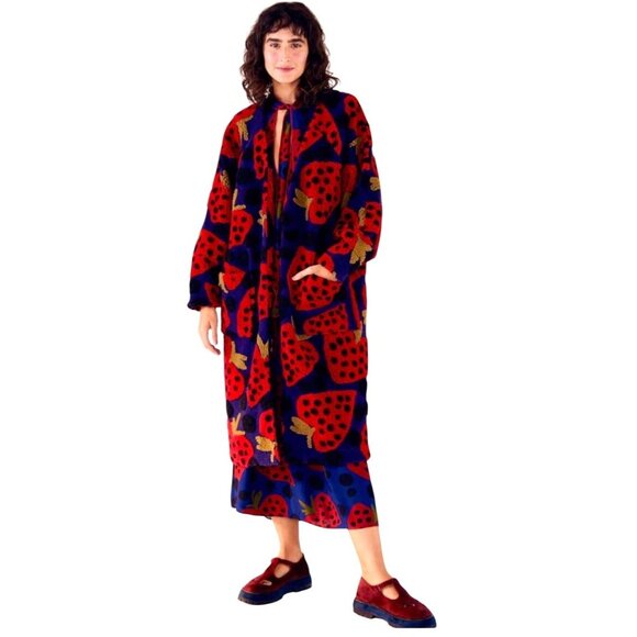 Farm Rio $245 Heart Berry Maxi Fleece Cardigan NWT Size Large - Picture 2 of 8